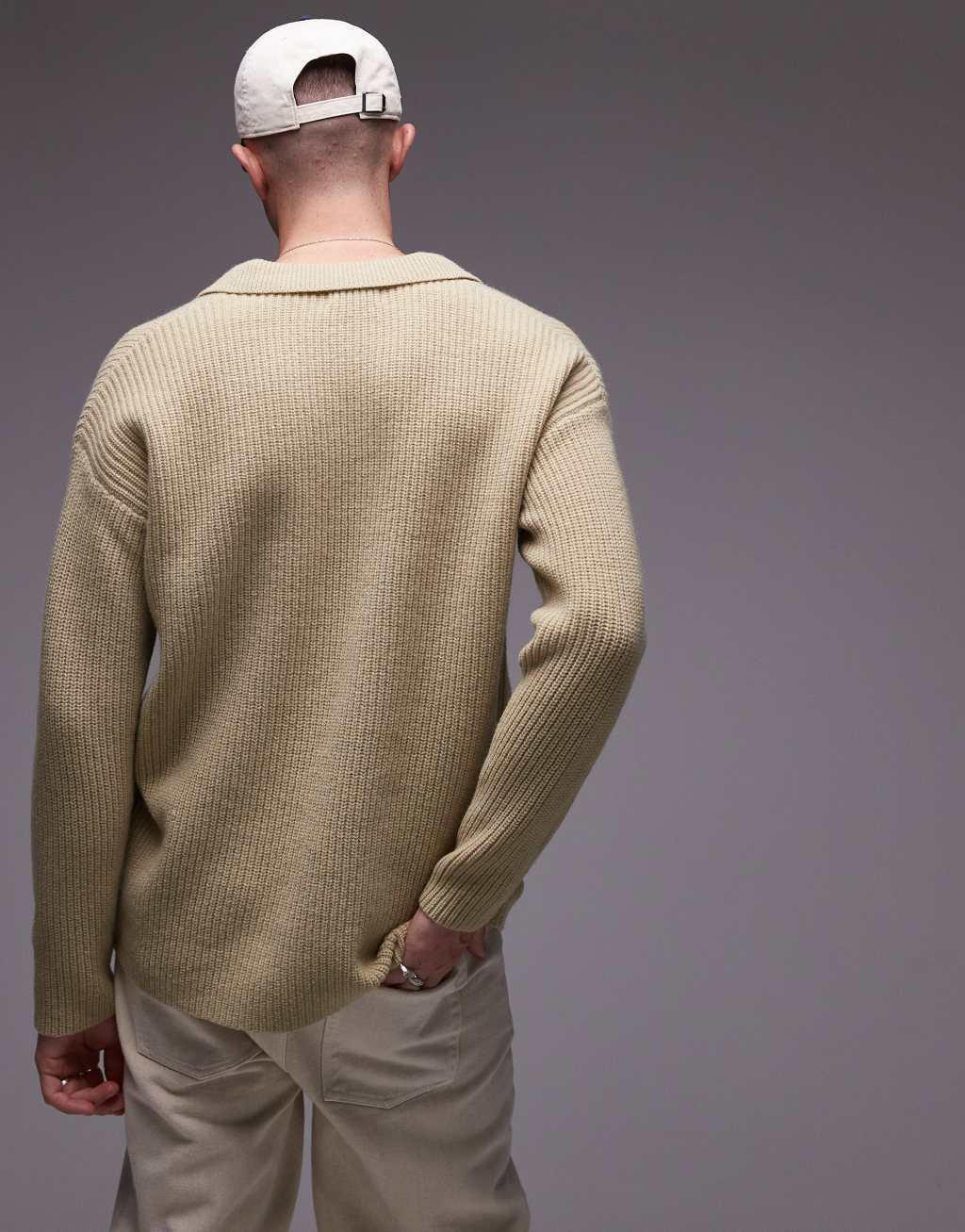 Topman premium relaxed fit lambs wool open collar sweater in khaki Product Image