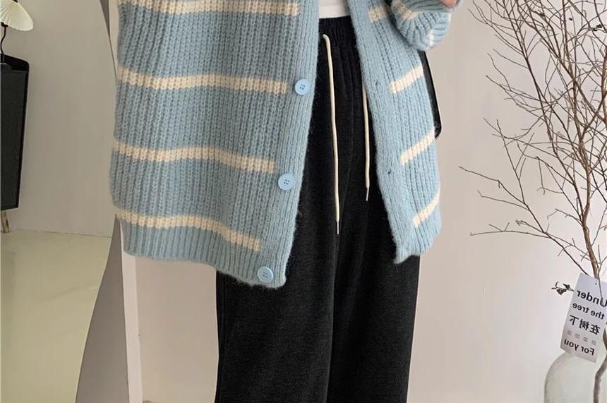 V-Neck Striped Button Up Oversized Cardigan Product Image