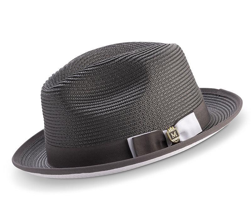 Two Tone Ribbon Stingy Brim Pinch Braided Fedora - Gray with White Bottom Product Image