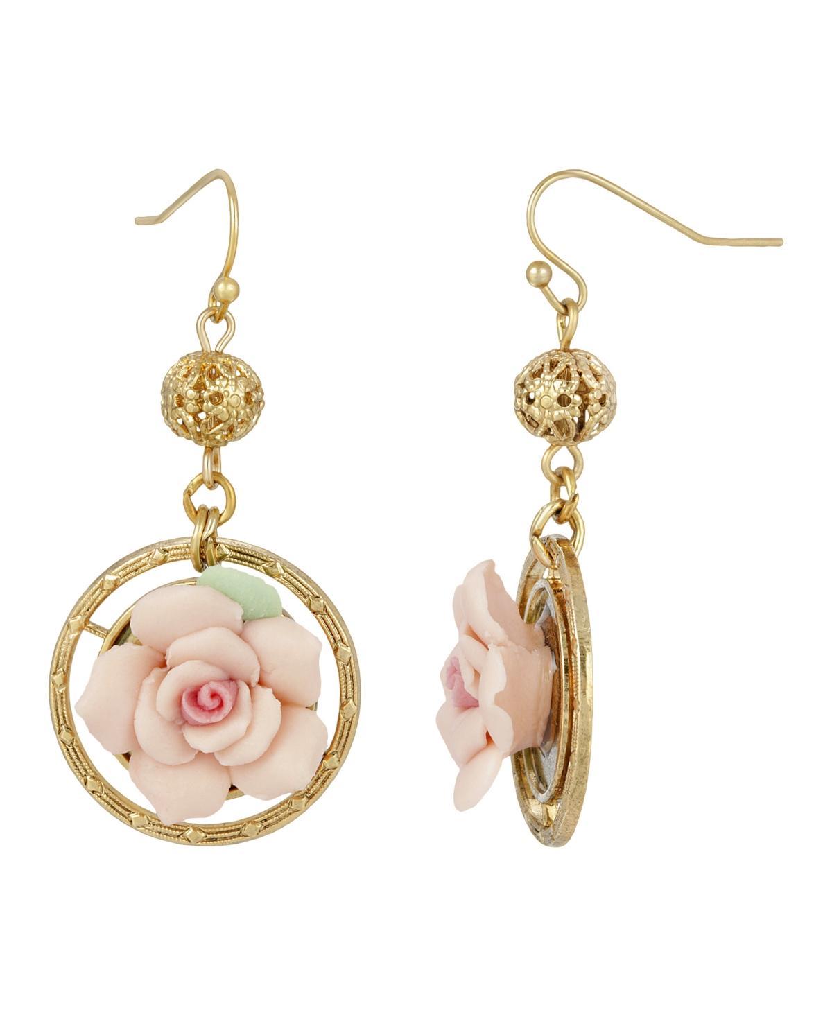 1928 Gold Tone Pink Porcelain Rose Drop Earrings, Womens Product Image