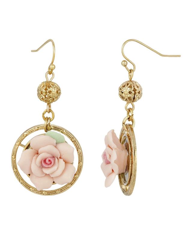 1928 Gold Tone Pink Porcelain Rose Drop Earrings, Womens Product Image