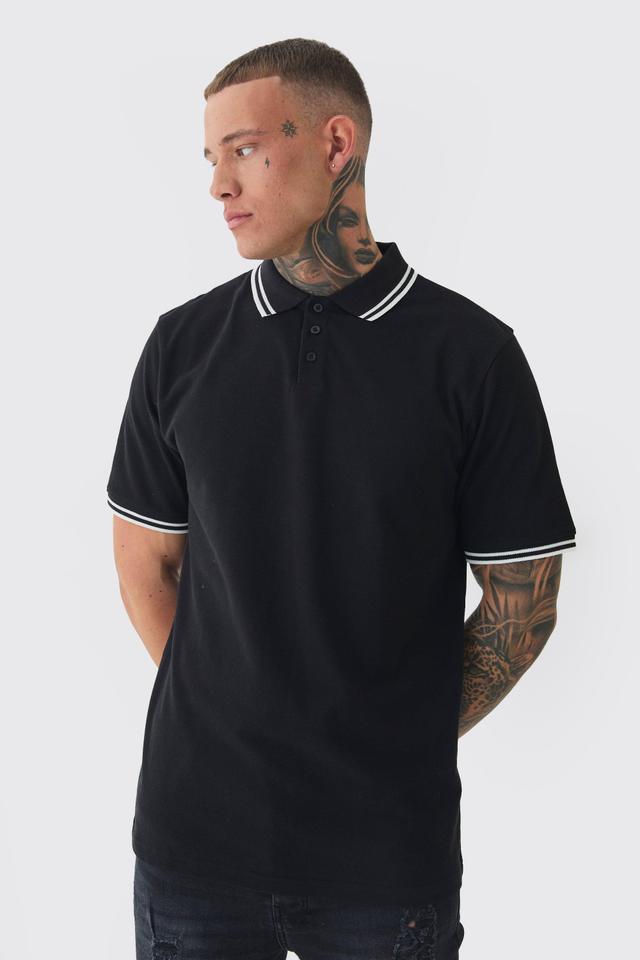 Mens Tall Slim Tipped Pique Polo In Black, Black Product Image