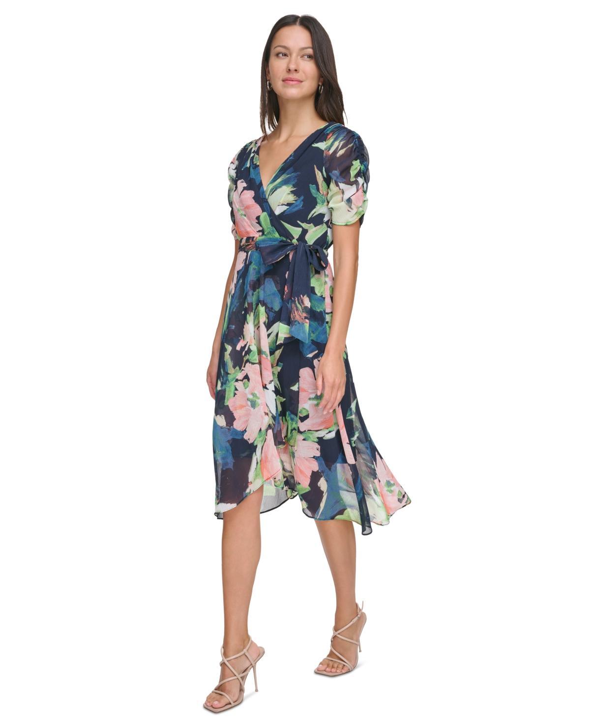 Women's Floral Tie-Waist Ruched-Sleeve Dress Product Image