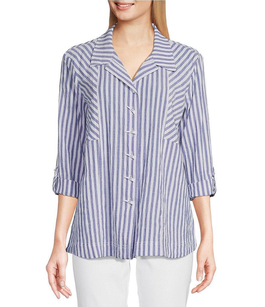 Ali Miles Yarn-Dye Stripe Point Collar Long Roll-Tab Sleeve Button-Front Tunic product image