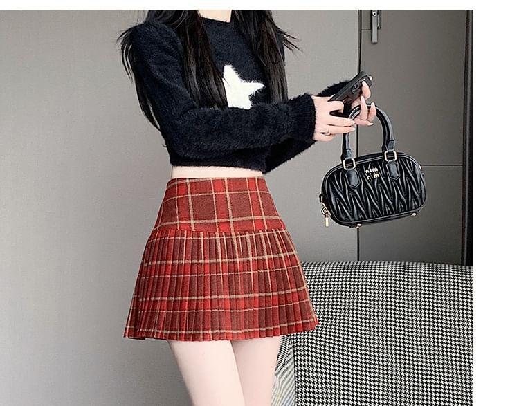 High Waist Plaid Pleated Mini A-Line Skirt Product Image