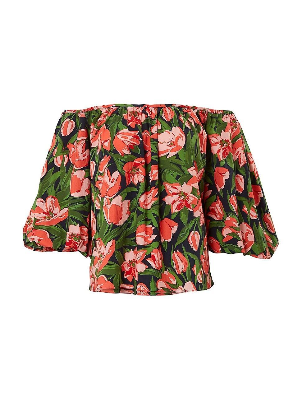 Womens Floral Stretch-Cotton Puff-Sleeve Off-the-Shoulder Top product image