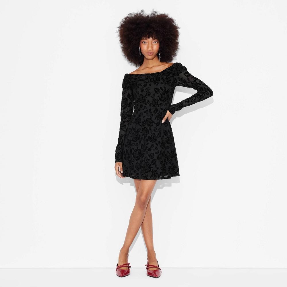 Women's Long Sleeve Flocked Mini Fit and Flare Holiday Dress - Wild Fable™ Black XL Product Image