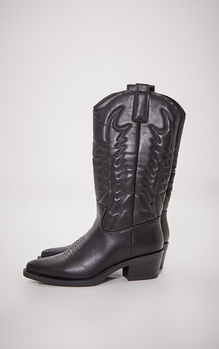 Black Faux Leather Point Toe Knee High Western Boots Product Image