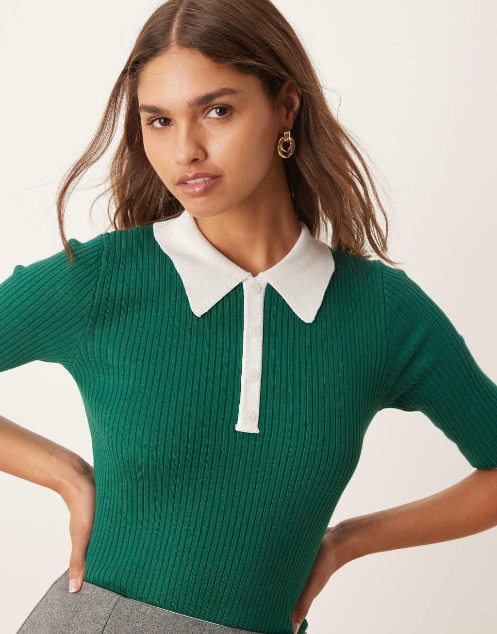 YAS contrast collar knit polo in green Product Image