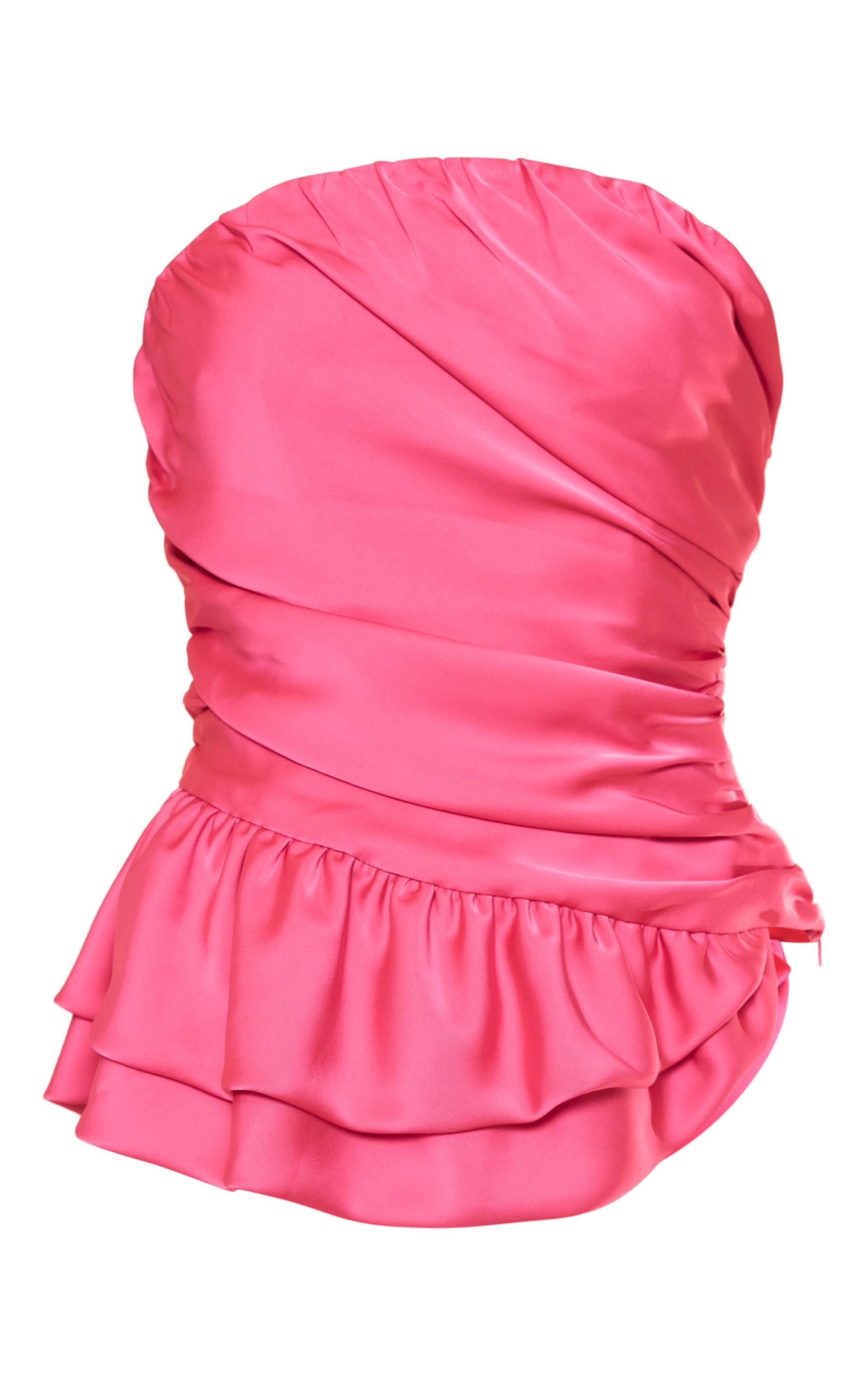 Hot Pink Satin Extreme Ruched Bandeau Top Product Image