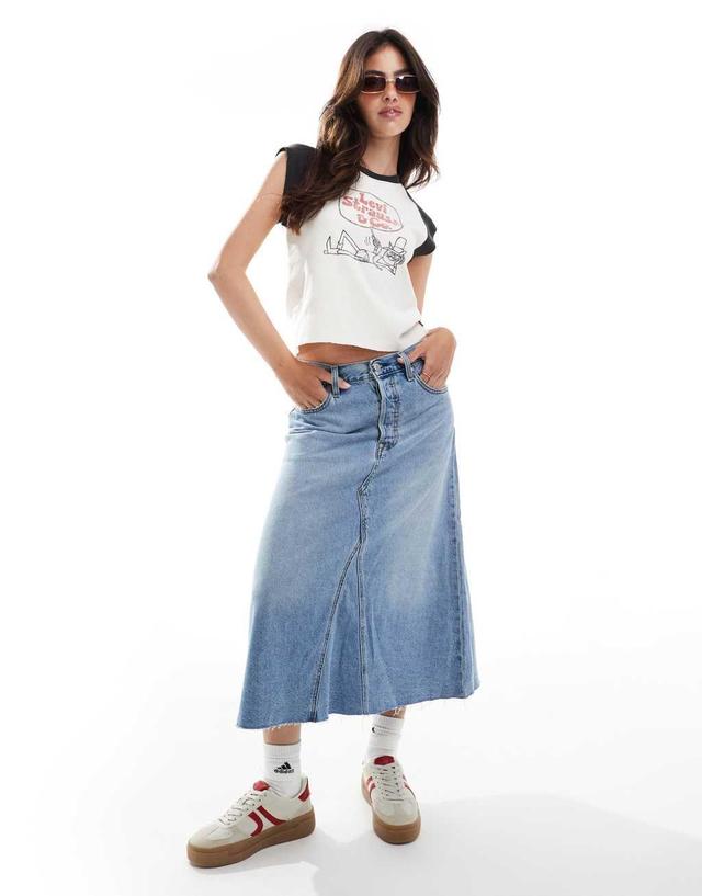 Levi's high rise a-line deconstructed long denim skirt in mid blue Product Image