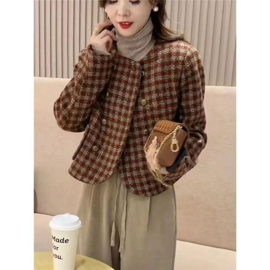 Round Neck Plaid Double Breasted Jacket Product Image