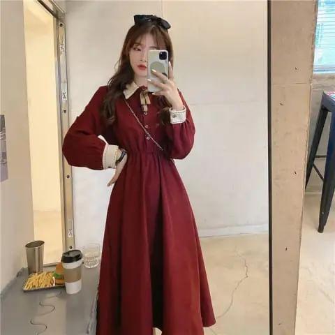 Long-Sleeve Plain Midi A-Line Shirt Dress Product Image