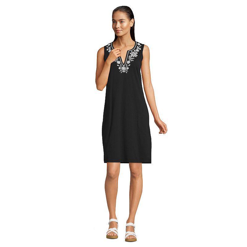 Petite Lands End Embroidered Sleeveless Swim Cover-Up Dress, Womens Black Product Image