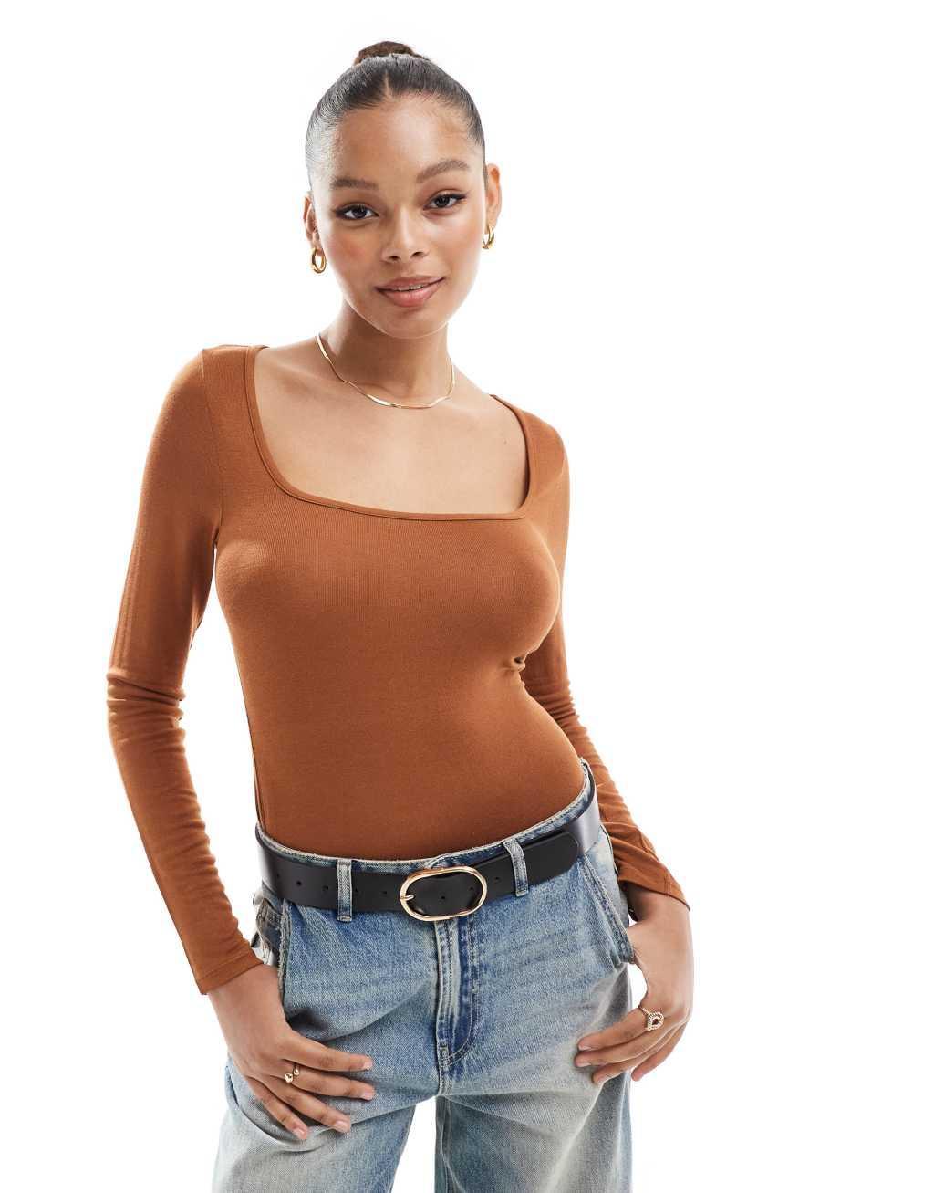 ASOS DESIGN fine knit scoop neck long sleeve top in tan product image