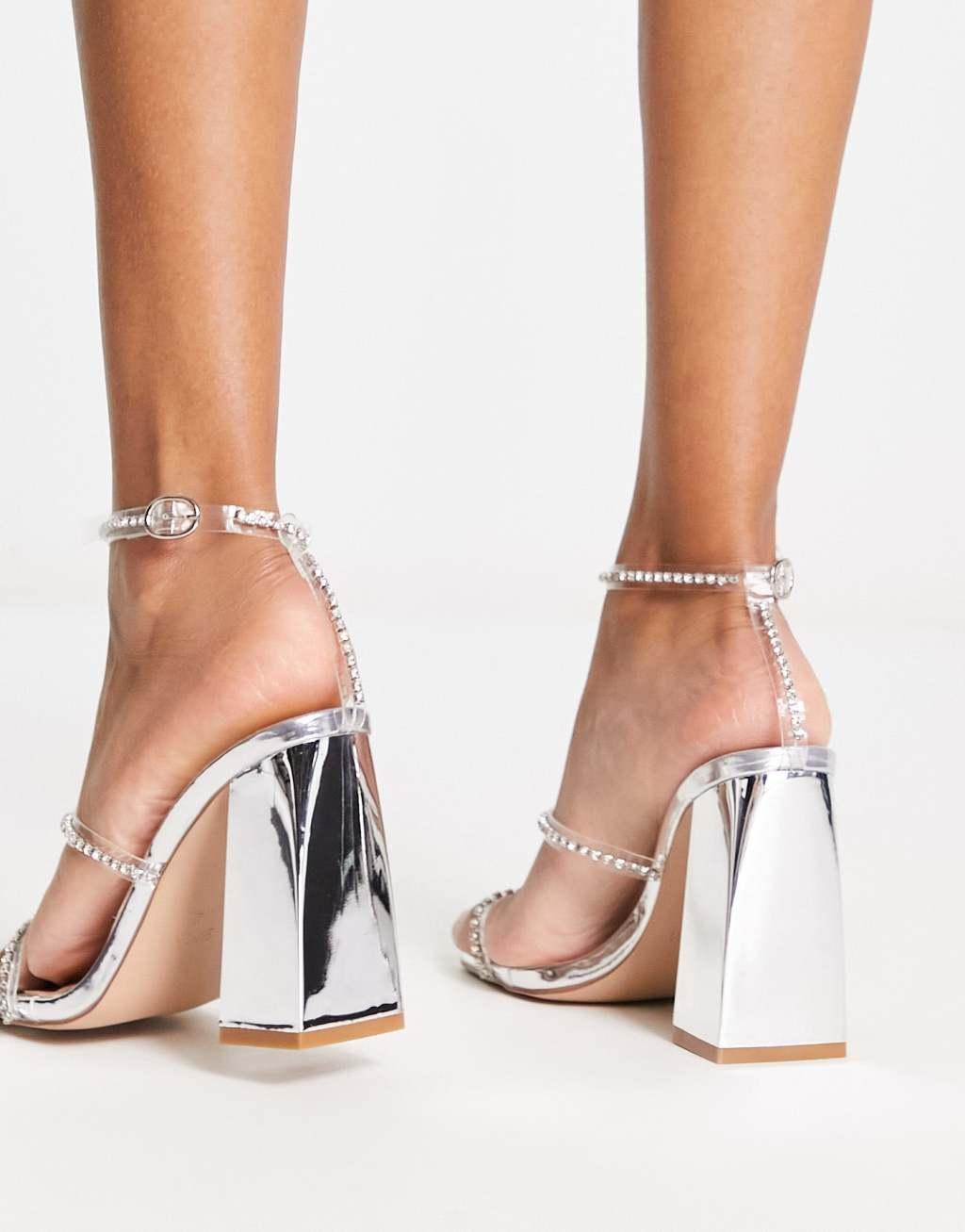 Simmi London Wide Fit Inez block heel embellished sandals in silver Product Image