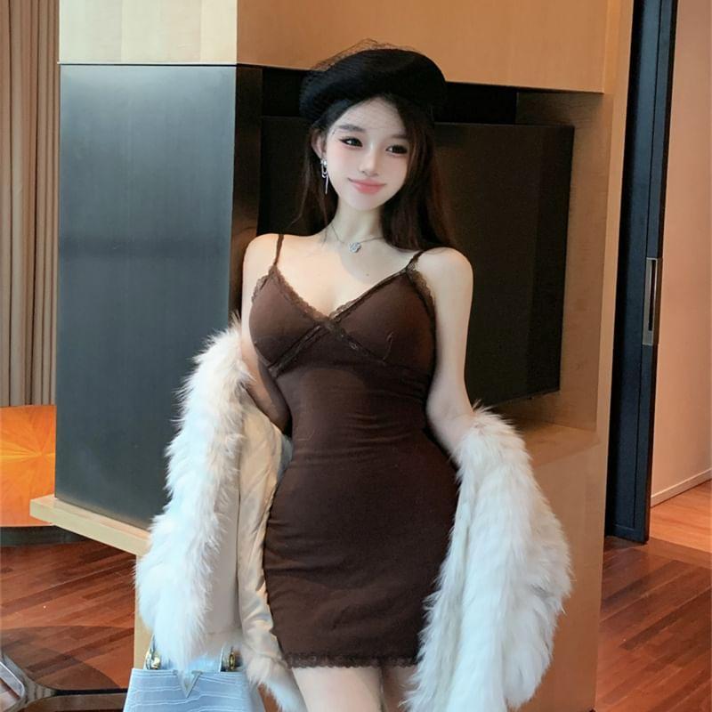 Spaghetti Strap Lace Trim Mini Bodycon Dress Product Image