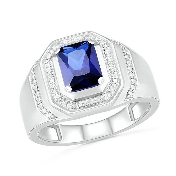 Men's Emerald-Cut Blue Lab-Created Sapphire and 1/10 CT. T.w. Diamond Octagonal Frame Collar Ring in Sterling Silver Product Image