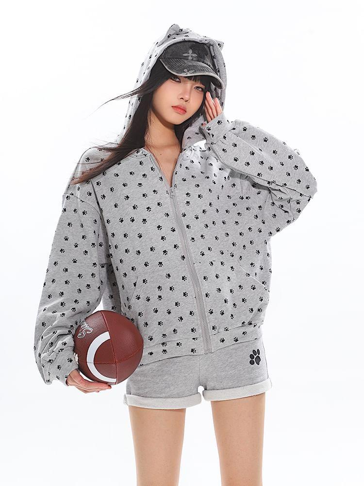 Set: Paw Print Zip Hoodie + High Waist Sweat Shorts Product Image