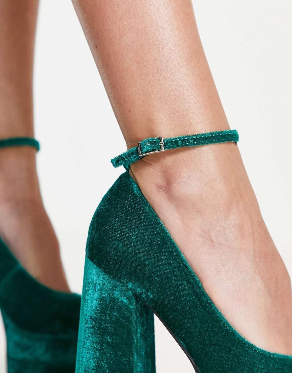 ASOS DESIGN Pistol double platform heeled shoes in teal velvet  Product Image