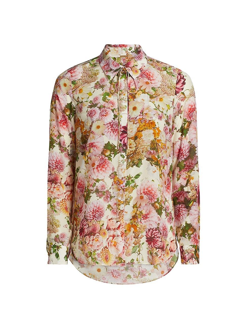 Womens Floral Silk Tie-Neck Blouse Product Image