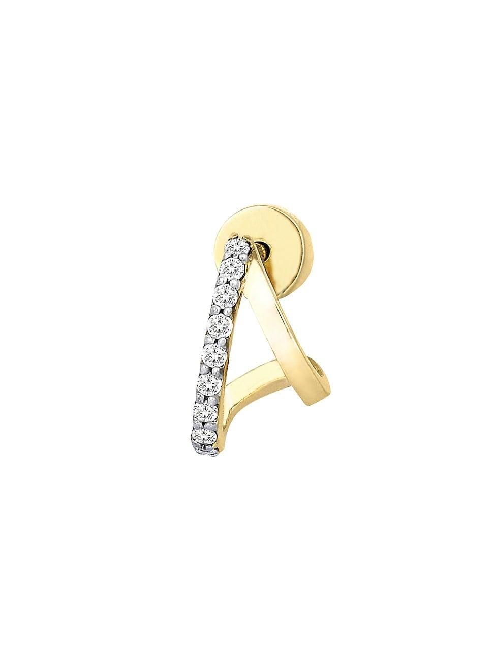 Womens Mini 14K-Yellow-Gold & 0.15 TCW Diamond Single Double-Hoop Single Earring Product Image