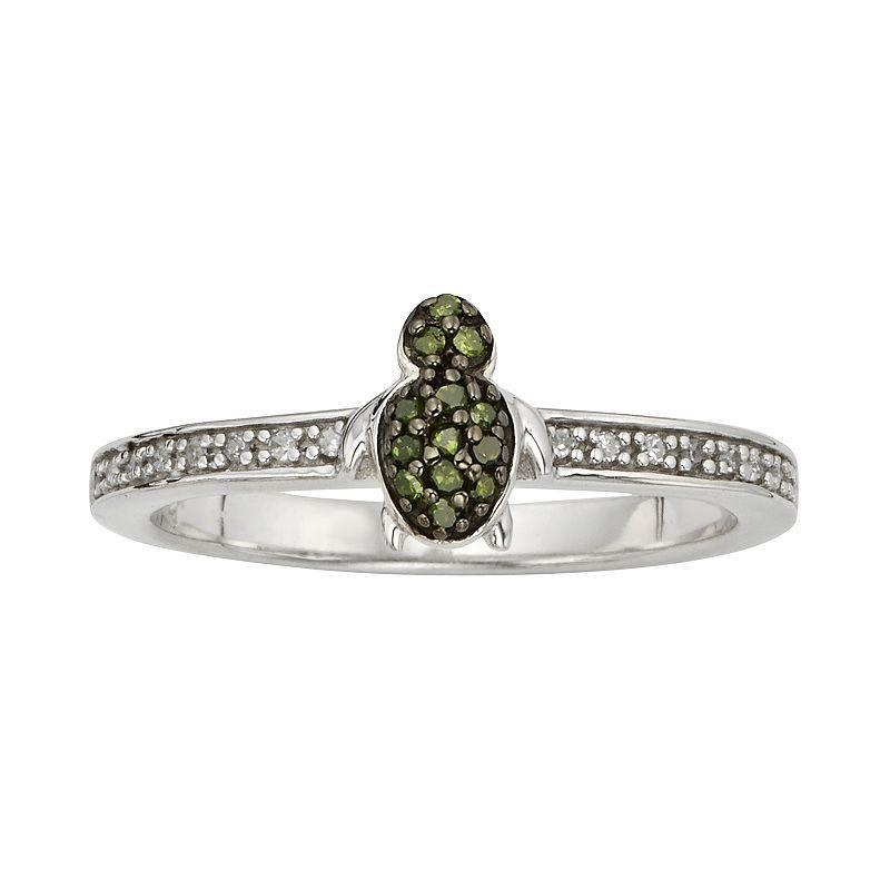 Jewelexcess Sterling Silver 1/7-ct. T.W. Green and White Diamond Turtle Ring, Womens Product Image