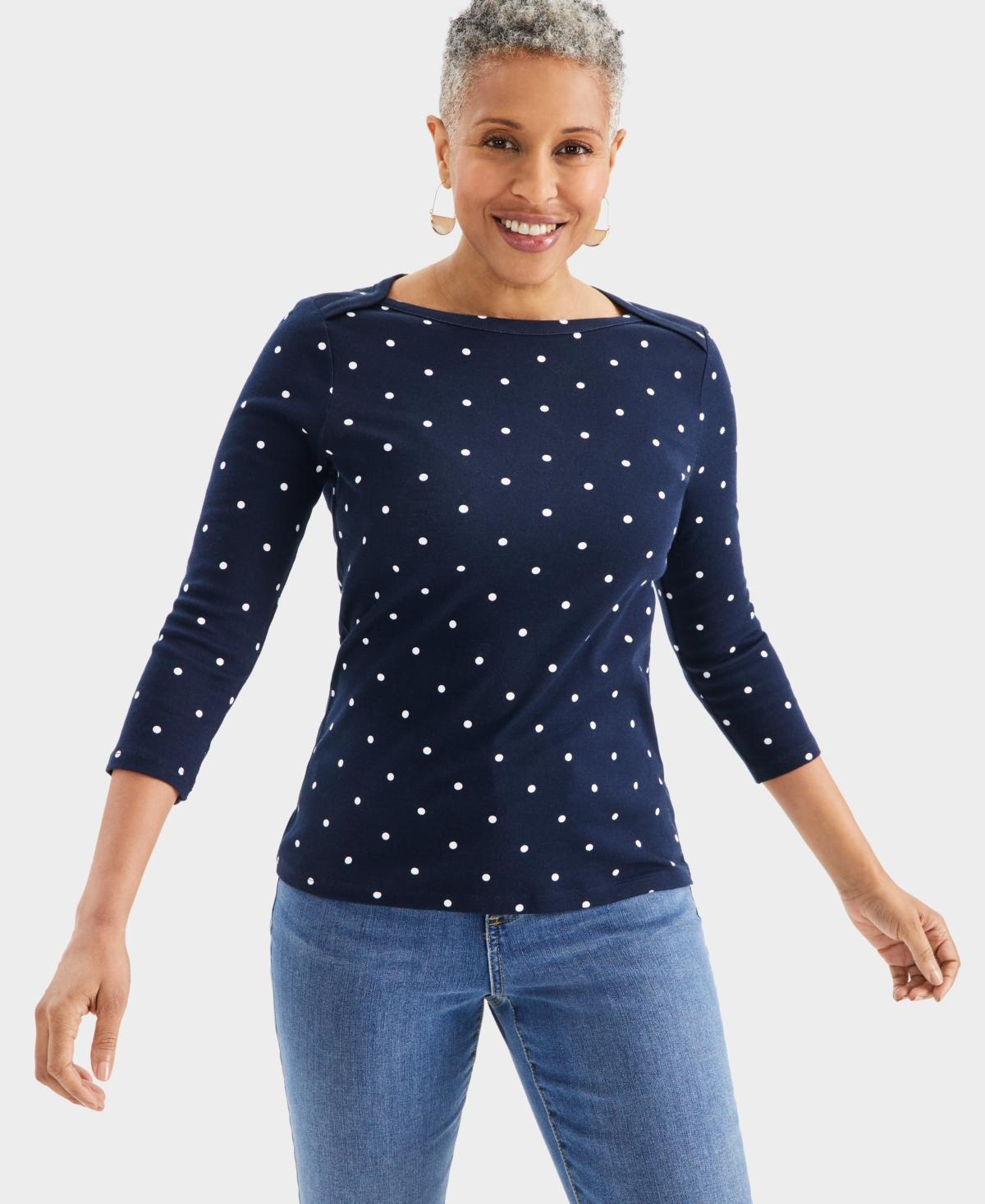 Petite Cotton Dot-Print Boat-Neck Top, Created for Macy's Product Image