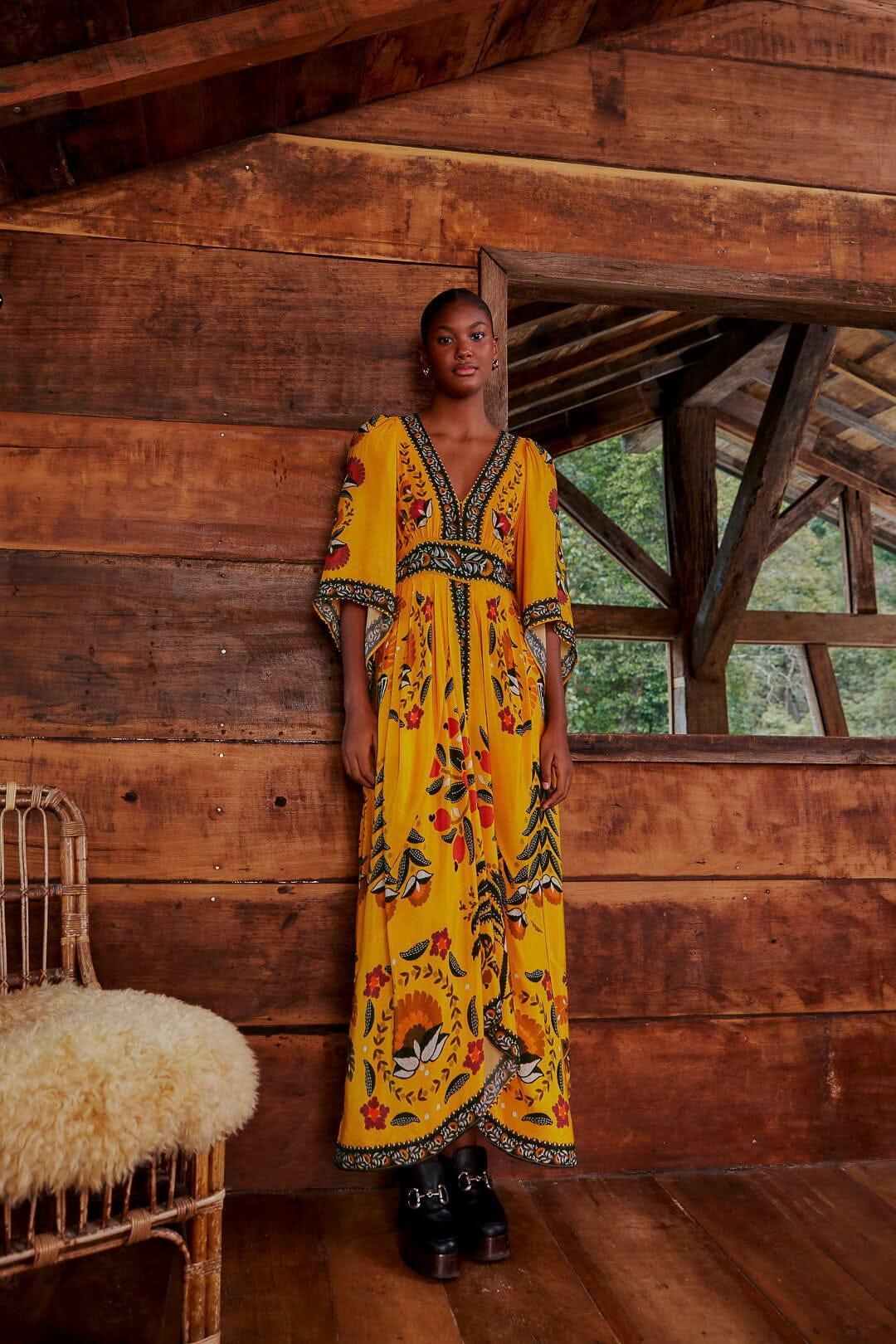 Yellow Tropical Tapestry Kaftan Dress Product Image