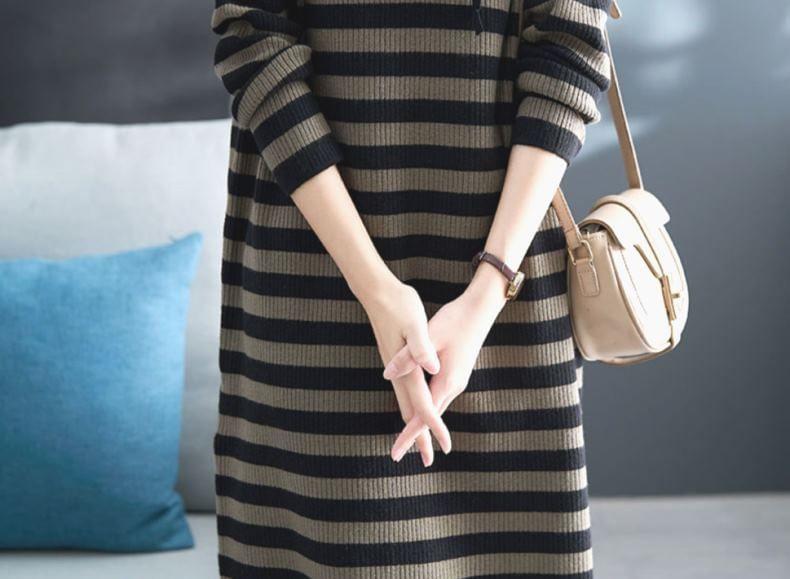 Striped Drawstring Ribbed Knit Hoodie Dress Product Image