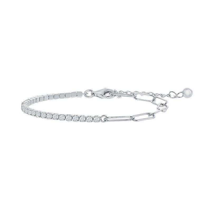 Cubic Zirconia Half Tennis & Half Paper Clip Bracelet, Womens White Product Image