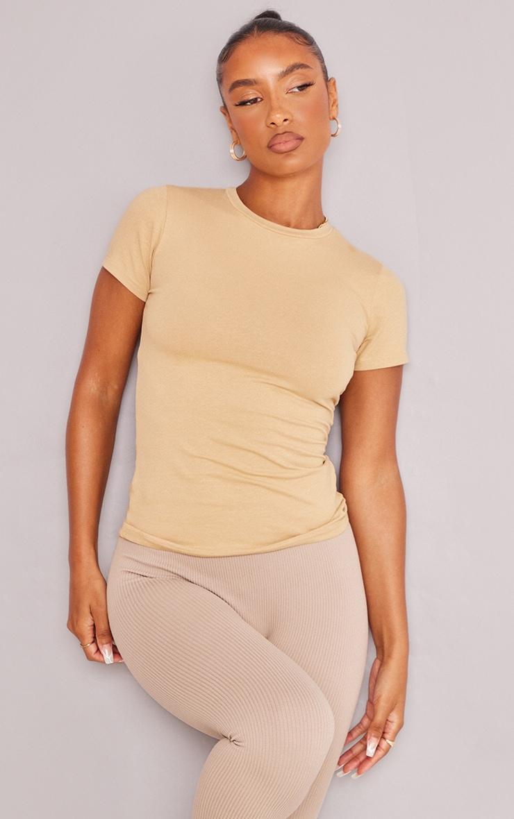 Camel Basic Cotton Blend Fitted Crew Neck T Shirt Product Image