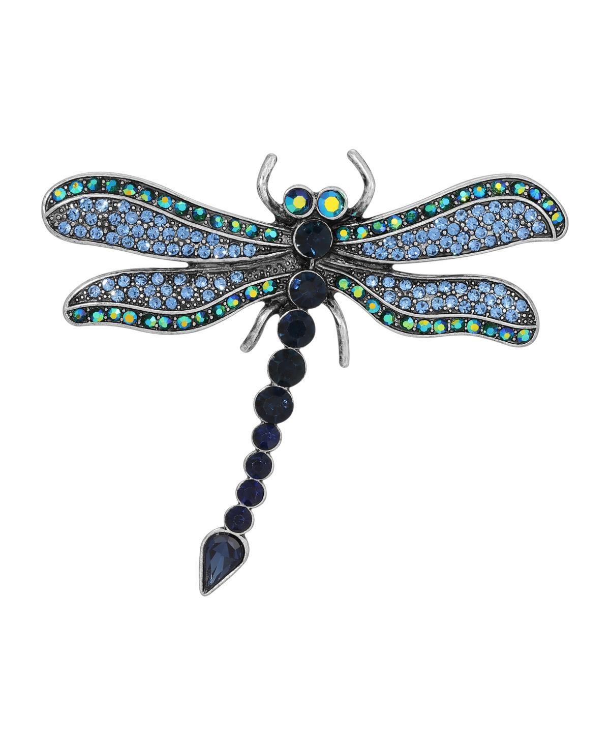 1928 Silver Tone Blue & Aurora Borealis Crystal Oxidized Dragonfly Brooch, Womens Product Image