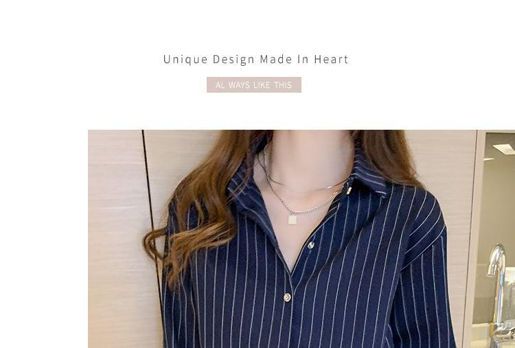 Long-Sleeve Collar Pinstriped Blouse Product Image