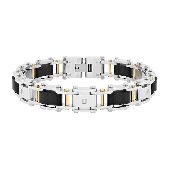 Men's Carbon Fiber Bike Chain Link Bracelet in Stainless Steel and Yellow Ion Plate - 8.75" Product Image