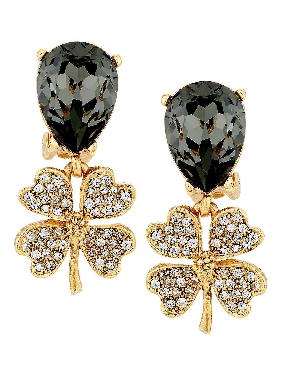 Womens Goldtone & Glass Crystal Four-Leaf Clover Clip-On Drop Earrings Product Image