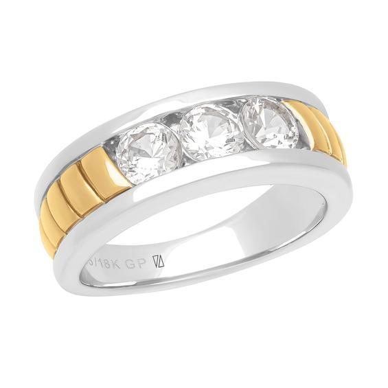 Men's White Lab-Created Sapphire Three Stone Ring in Sterling Silver and 18K Gold Plate Product Image