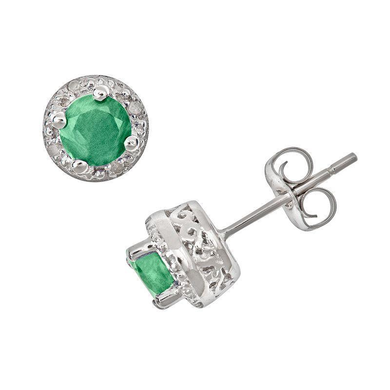 Celebration Gems Sterling Silver Emerald and Diamond Accent Frame Stud Earrings, Womens Product Image