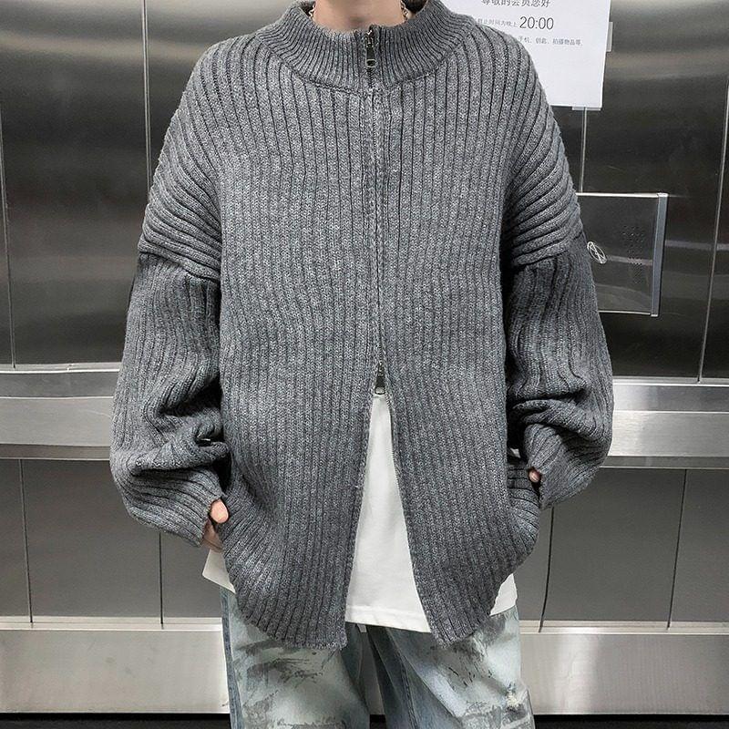 Drop-Shoulder Plain Ribbed Zip Cardigan Product Image