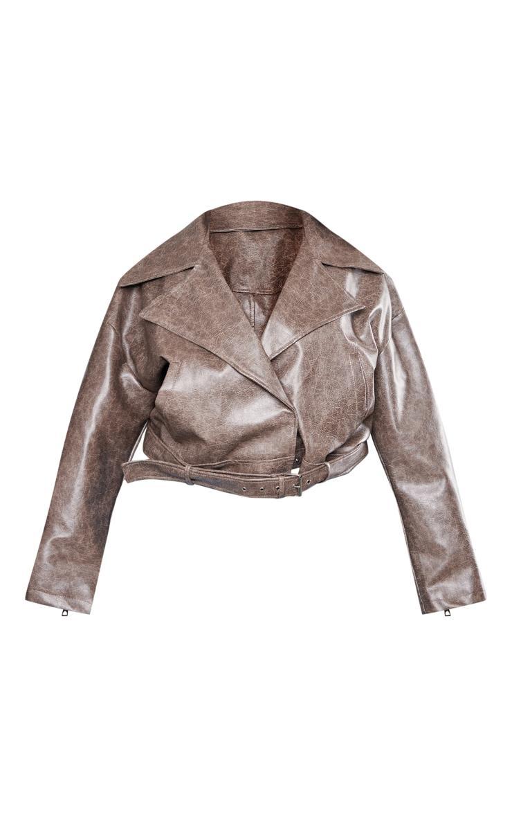 Plus Brown Distressed Faux Leather Relaxed Fit Belted Biker Jacket Product Image