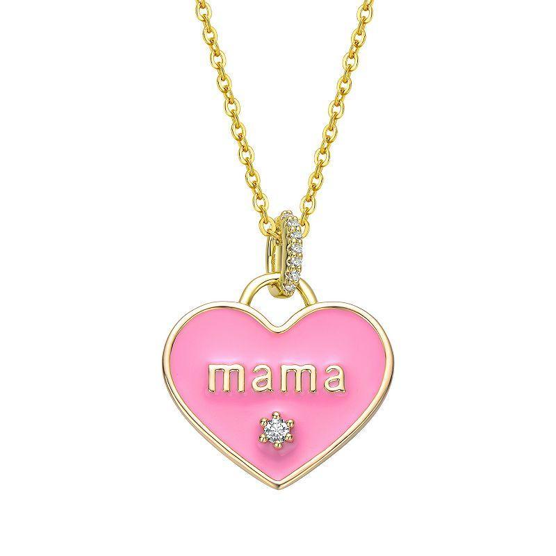 14k Gold Plated Cubic Zirconia Mama Pink Enamel Heart Layering Pendant Necklace, Womens Product Image