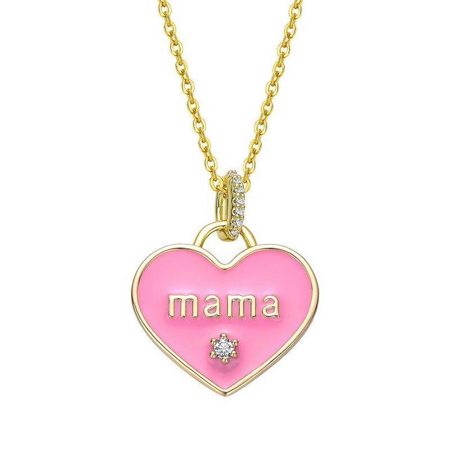 14k Gold Plated Cubic Zirconia Mama Pink Enamel Heart Layering Pendant Necklace, Womens Gold Tone Product Image