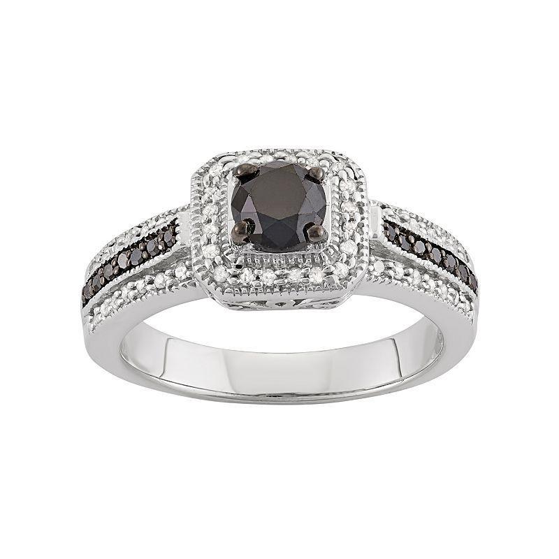 Jewelexcess 1 Carat T.W. Black & White Diamond Sterling Silver Square Halo Ring, Womens Product Image