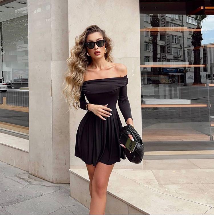 Long-Sleeve Off-Shoulder Mini A-Line Dress Product Image