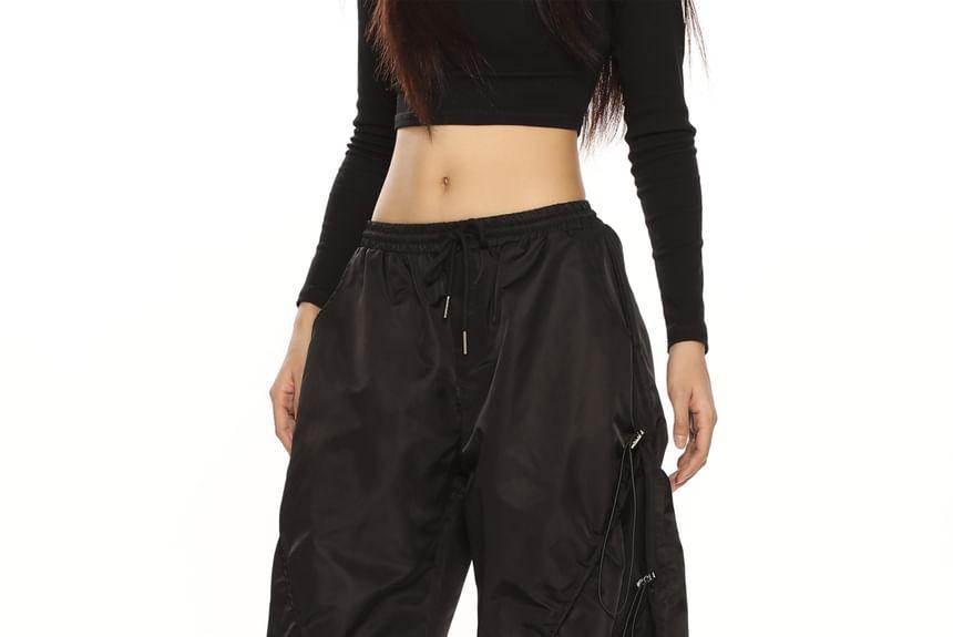 Drawstring Waist Plain Wide Leg Cargo Pants Product Image