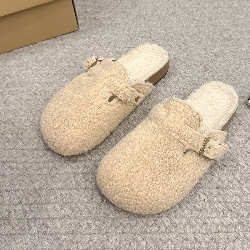 Platform Plain Buckled Fleece Mules Product Image