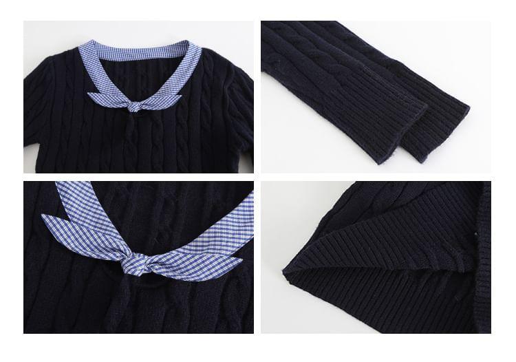 Tie Neck Plaid Panel Cable Knit Sweater Product Image