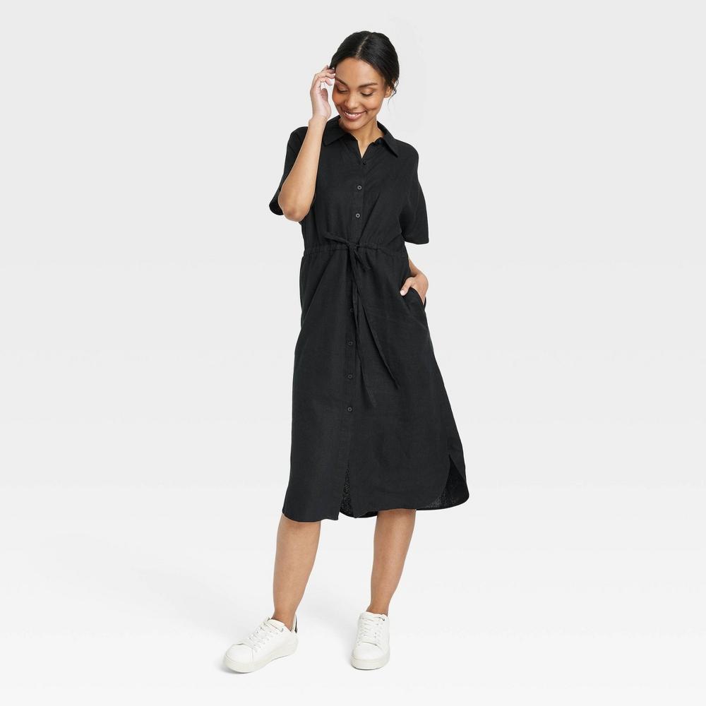 Womens Short Sleeve Linen Midi Shirtdress - A New Day Black L Product Image