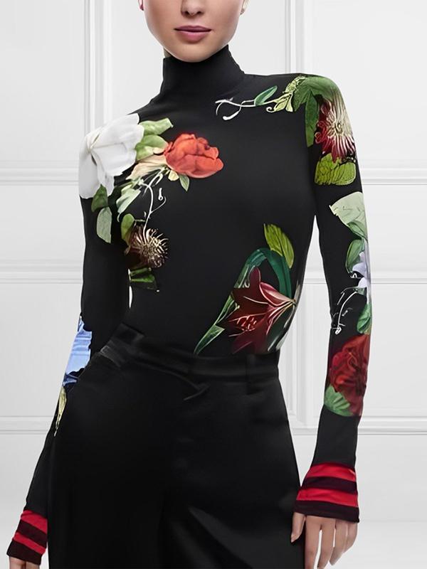 Long Sleeves Skinny Floral Printed Split-Joint High Neck T-shirts Product Image