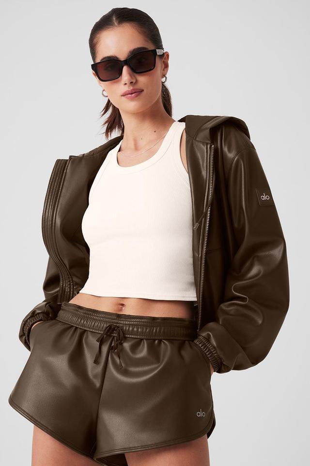 Faux Leather Power Hour Full Zip Cropped Jacket - Espresso Female Product Image